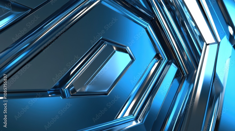 Poster abstract blue metallic design with reflective surfaces showcasing geometric shapes and patterns, evo