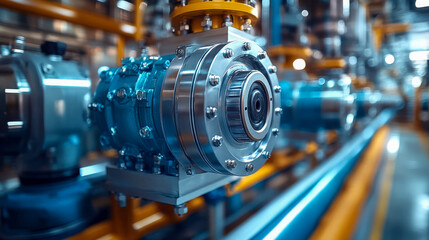 Fototapeta premium Close-up of a precision industrial machinery component with warm orange light, showcasing intricate metallic details