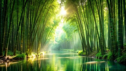 Serene Bamboo Forest Canal Sunlit Pathway of Lush Green Stalks and Tranquil Water