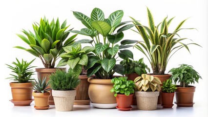 Fototapeta premium A Collection of Lush Green Plants in Brown Pots, White Background, Houseplant, Indoor Plant, Potted Plants