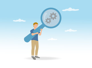 systems analysis, efficient research, constant movement, continuous search, artificial intelligence research, programmed robot, automation and control. young man with magnifying glass identifying gear