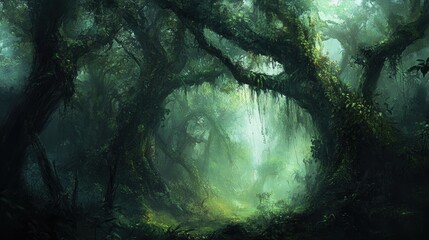 Enchanted Forest with Lush Greenery, Mystical Atmosphere, Sunlight Filtering Through Dense Tree Canopy, and Soft Moss Covering Ground in a Serene Natural Setting