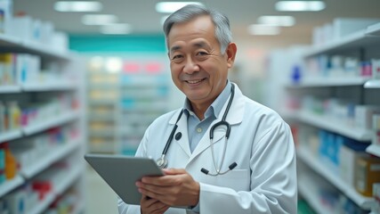 Elderly Asian pharmacist, a man in a white coat, gray hair, a doctor with a folder in his hands looks at the frame and smiles, a Thai sells medicines, shelves with pills