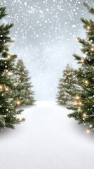 Obraz premium A Magical Winter Path Framed by Twinkling Christmas Trees and Gentle Snowfall