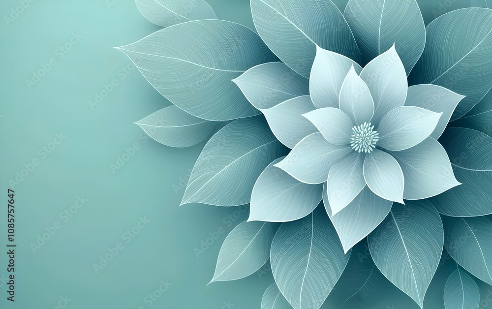 Poster a serene composition featuring a stylized white flower surrounded by layered teal leaves, creating a