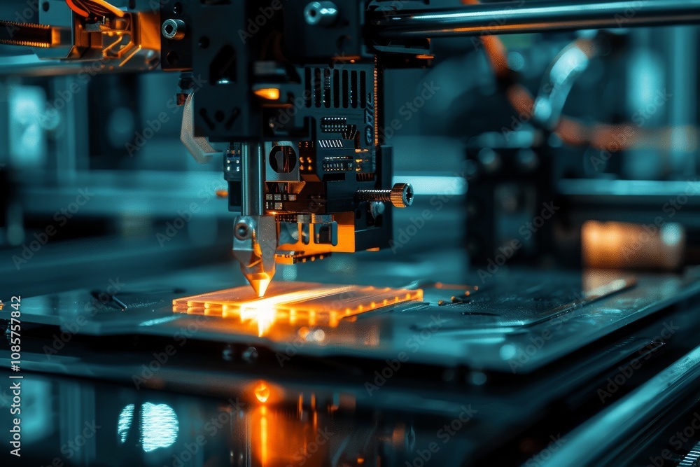Poster a 3d printer creating complex it hardware designs ,a machine is engaged in processing a glass piece,