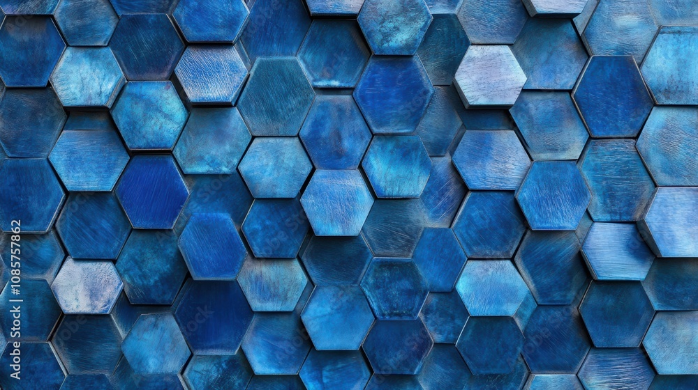 Poster Stunning Close-Up of Textured Hexagonal Tiles in Various Shades of Blue Creating a Unique and Eye-Catching Modern Design Element for Interiors and Artwork