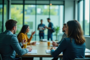 Diverse team in modern office engaged in productive meeting with focus on collaboration.