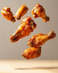 Epic explosion of chicken wings in mid air captured in high speed with vibrant colors and matte contrast for a cinematic effect