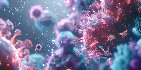 Microscopic visualization of viruses in scientific research, Colorful virus structures under magnification

