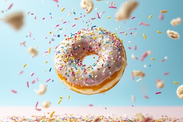 Epic explosion of a donut covered in icing with sprinkles flying in all directions captured in high speed with vibrant color