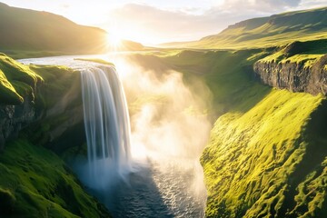 Majestic waterfall glowing under a bright morning sky symbolizing the powerful flow of a productive