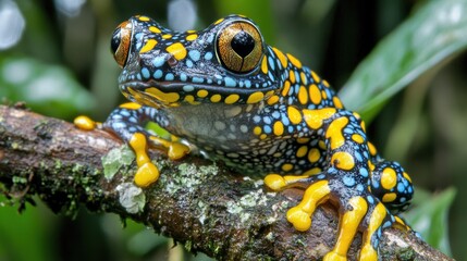 Fototapeta premium Colorful spotted frog perched on a branch in a lush rainforest, showcasing vibrant colors and intricate patterns that highlight nature's beauty and diversity.