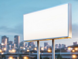 blank billboard standing tall in front of a cityscape with soft lighting perfect for product mock up