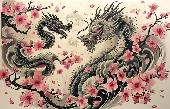 Japanese Dragon Tattoo with Cherry Blossoms