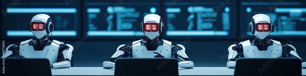 Poster future robots transforming human resource management in a high-tech office environment