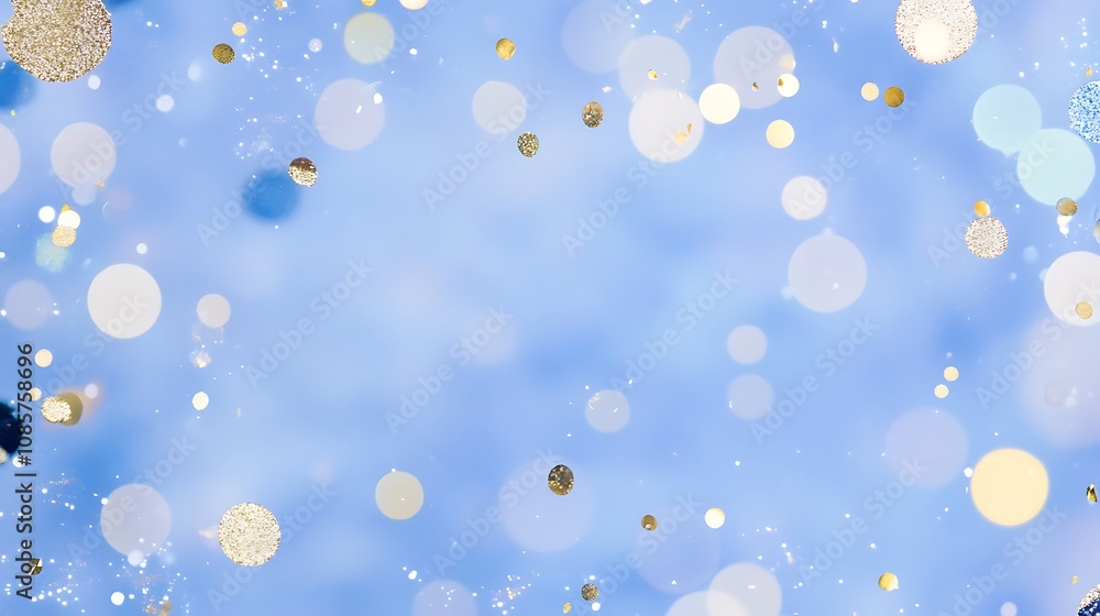 Poster sparkling bokeh background with gold and white circles on a soft blue canvas creating a festive atmo