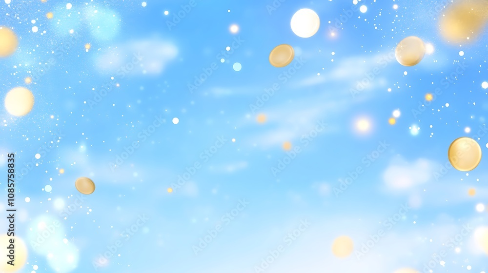 Poster sparkling bokeh background with gold and white circles on a soft blue canvas creating a festive atmo