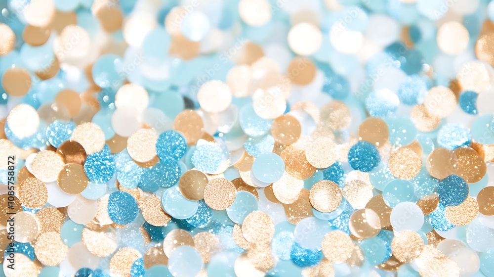Poster sparkling bokeh background with gold and white circles on a soft blue canvas creating a festive atmo