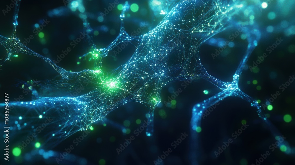 Poster abstract illustration of glowing neural connections and networks, representing communication, techno