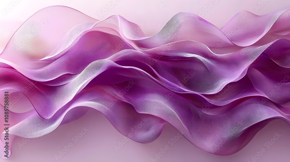 Poster an elegant wave of flowing translucent fabric in soft shades of lavender and pink, creating a serene