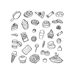 Charming Sweets Collection: A Hand-Drawn Illustration Featuring an Array of Delicious Treats Including Ice Cream, Cupcakes, Cookies, and More, Perfect for Dessert Enthusiasts