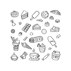 Sweet Treats Collection: A Hand-Drawn Illustration Featuring a Variety of Desserts Including Ice Cream, Cakes, Cookies, and More, Perfect for Any Sweet Tooth Enthusiast