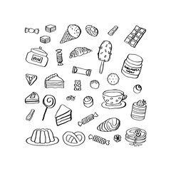 Delicious Desserts and Treats: A Hand-Drawn Illustration Featuring a Variety of Sweet Delights Including Ice Cream, Cakes, Candies, and More, Perfect for Any Dessert Lover