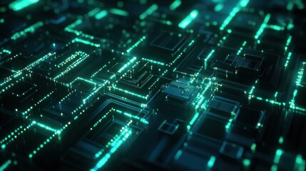 Futuristic digital circuit board with glowing neon lights representing advanced technology and connectivity in a high-tech environment