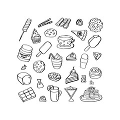 Delicious Desserts Collection: A Hand-Drawn Illustration Featuring an Assortment of Sweet Treats Including Cupcakes, Ice Cream, Cookies, and More, Ideal for Sweet Lovers