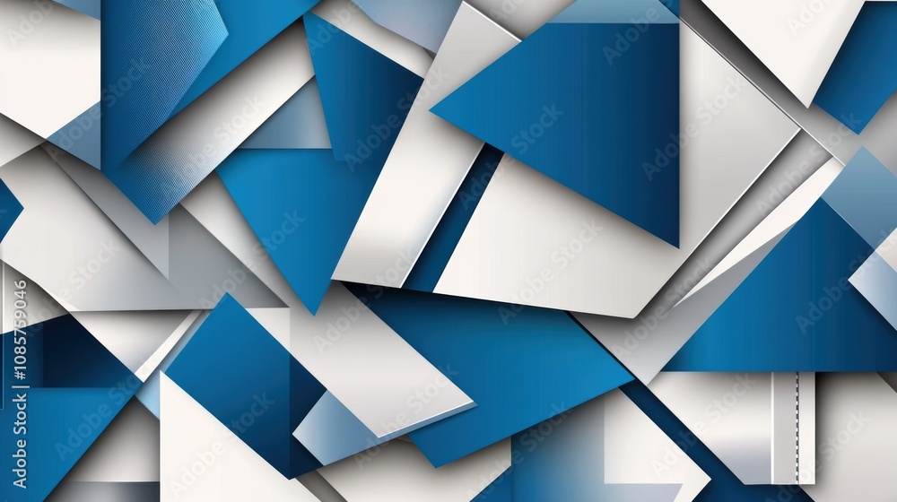 Poster abstract blue and white geometric shapes overlapping each other, creating a modern and dynamic backg