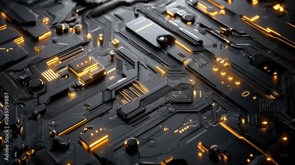 Poster abstract close-up of a futuristic circuit board with black surface and glowing orange elements highl