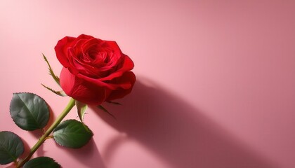 Fototapeta premium Stunning Red Rose on a Soft Pink Background for Valentine's Day. Perfect Visual for Romantic Greeting Cards, Love Themed Art, Elegant Floral Decorations, and Heartfelt Celebrations of Affection