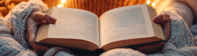 Cozy reading moment with a book in warm ambient light.