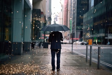 A man in a suit stands under an umbrella on a rainy city street, surrounded by modern buildings and glistening pavement.