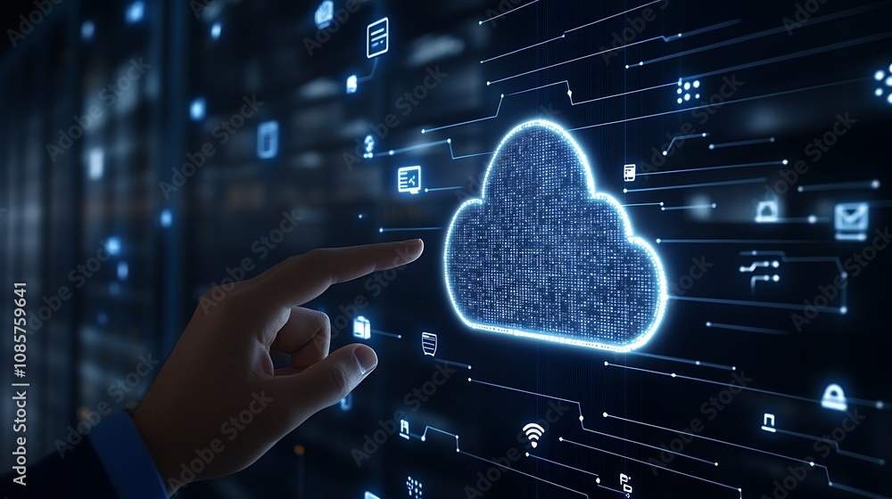 Poster modern technology concept of cloud computing with a finger touching a digital cloud icon