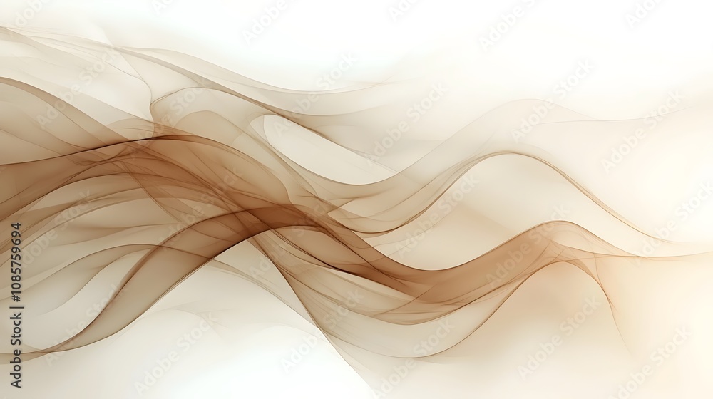 Poster an abstract composition of flowing, translucent brown waves against a soft white background, creatin