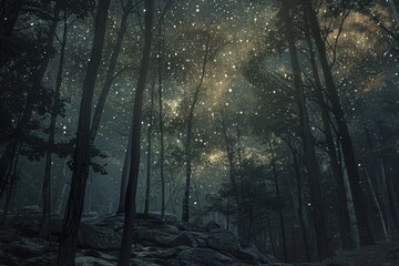 Obraz premium A blanket of stars over a darkened forest ,A picturesque forest at night, where fireflies flicker among the trees, adding a whimsical touch to the natural setting.