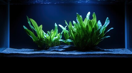 A serene underwater scene featuring lush green aquatic plants in a well-maintained aquarium, illuminated by soft blue lighting, perfect for nature-related projects, home decor