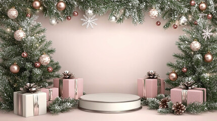 festive silver podium surrounded by a beautifully decorated Christmas tree and neatly wrapped gift boxes. The shimmering background evokes celebration, joy, and the spirit of holiday giving