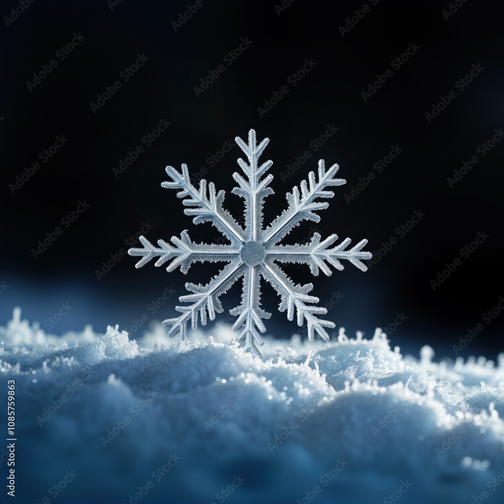 Poster frozen snowflake sits atop snowdrift. detailed macro view intricate snowflake design against dark ba