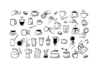 Delightful Coffee Art Collection: Hand-Drawn Illustrations of Coffee Cups, Brewing Equipment, and Sweet Treats, Perfect for Coffee Lovers and Cafe Aficionados