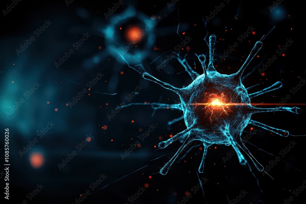 Poster digital representation of a virus with glowing features.