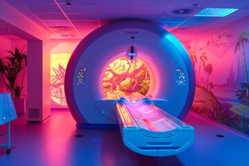 A bright, colorful world seen through the lens of an MRI machine ,A brightly colored room featuring an MRI machine, showcasing a blend of medical technology and artistic wall designs.