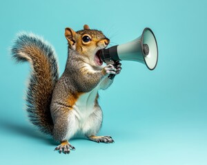 Fototapeta premium Squirrel shouting with a megaphone against a bright cyan background in a vibrant scene