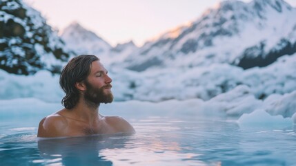 A serene moment in a stunning mountain hot spring. The man enjoys warm water amid icy landscapes. Nature embraces wellness and tranquility. Generative AI