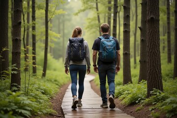Obraz premium Couple hiking on forest path in summer, embracing nature and adventure together.