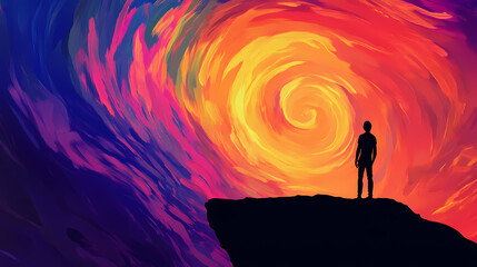 Silhouette of a man standing on a cliff edge, facing a swirling, colorful sky. Whirl. Illustration