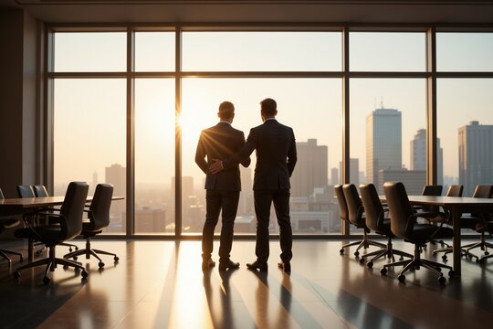 Business partners embracing success in modern office with skyline view at sunset.