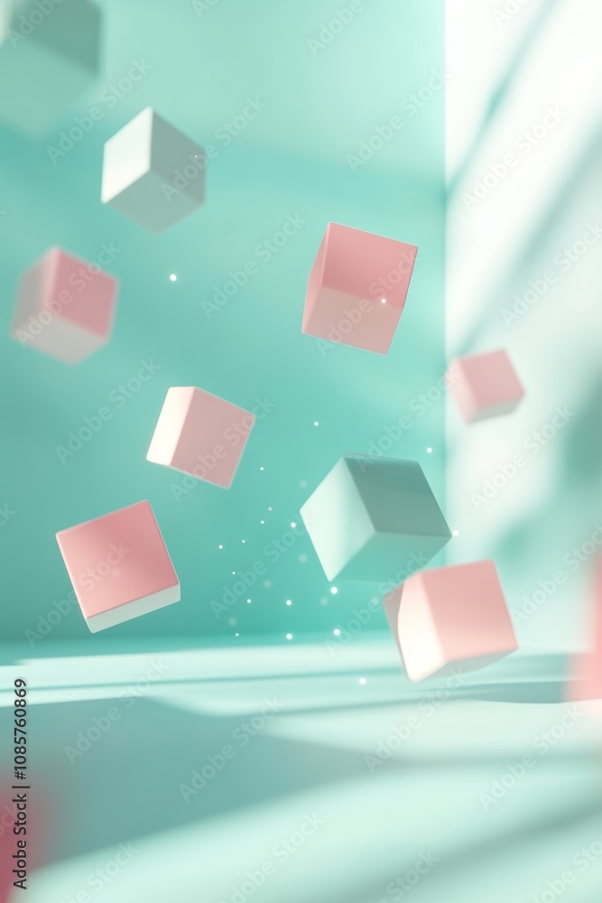 Poster minimalist animation of floating cubes in teal green and light pink with abstract depth background